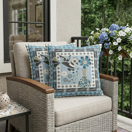 Set of Two Light Blue Black And White Peacock Indoor Outdoor Throw Pillow HomeRoots
