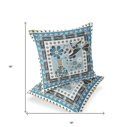 Set of Two Light Blue Black And White Peacock Indoor Outdoor Throw Pillow HomeRoots