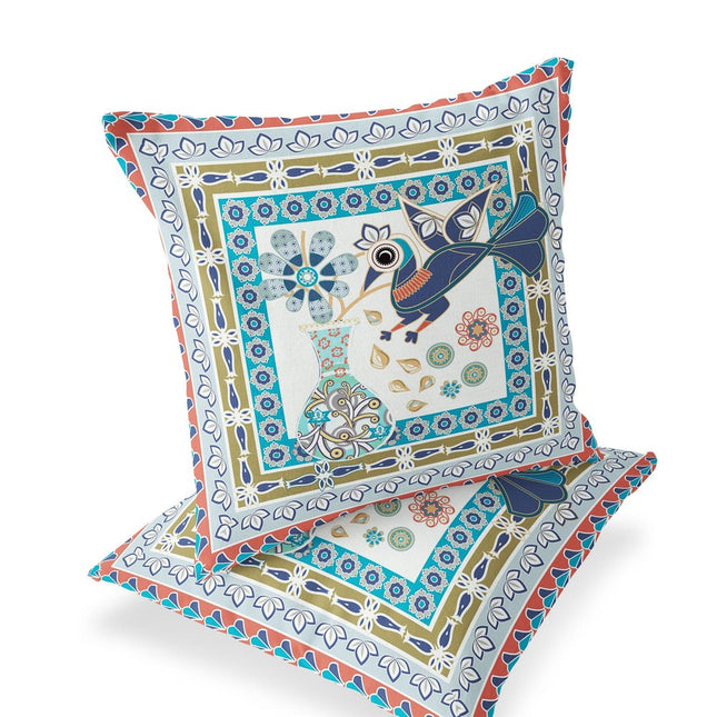 Set of Two Light Green Beige And Pink Peacock Indoor Outdoor Throw Pillow