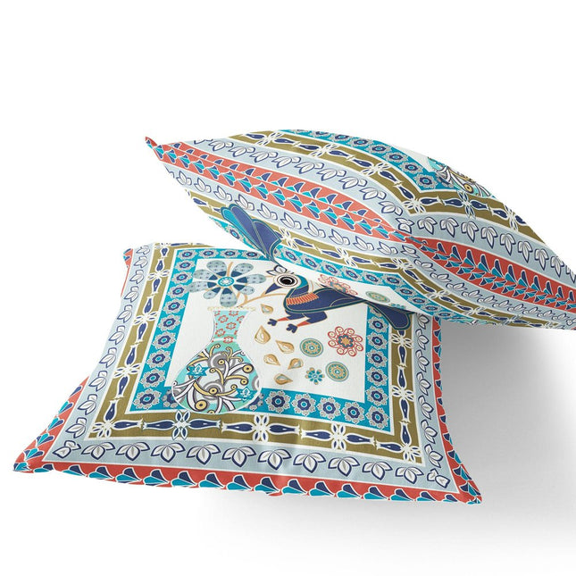 Set of Two Light Green Beige And Pink Peacock Indoor Outdoor Throw Pillow