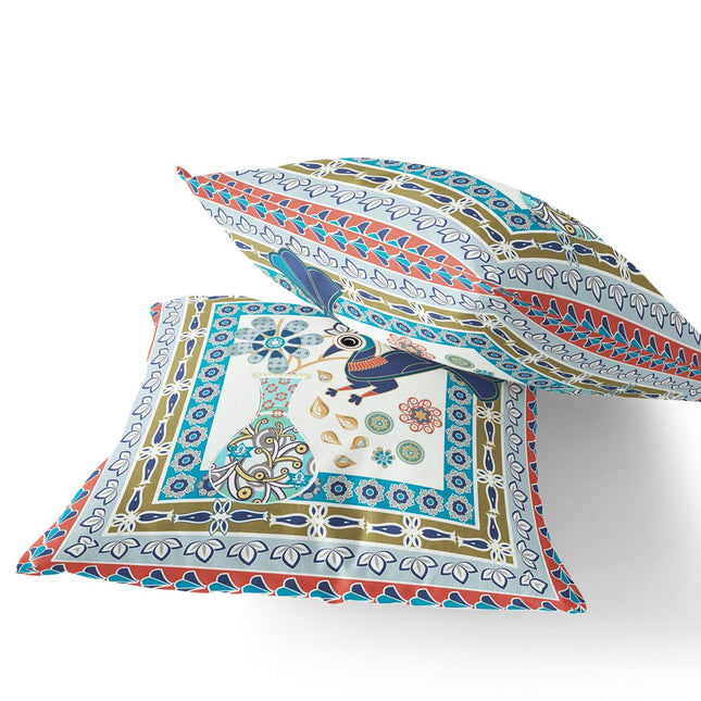 Set of Two Light Green Beige And Pink Peacock Indoor Outdoor Throw Pillow HomeRoots