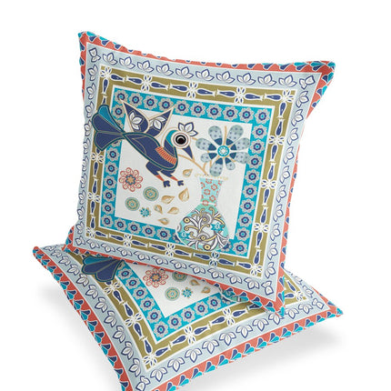 Set of Two Light Green Beige And Pink Peacock Indoor Outdoor Throw Pillow HomeRoots