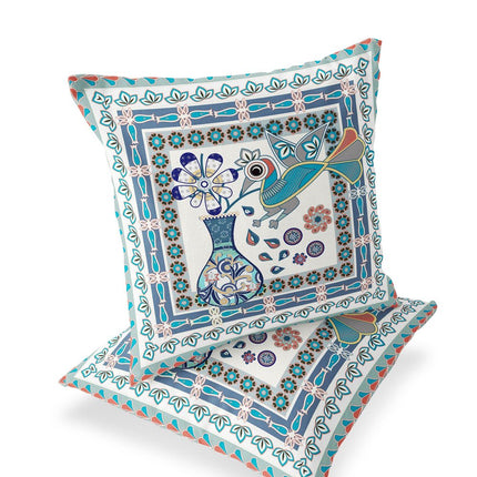 Set of Two Off White Blue And Gray Peacock Indoor Outdoor Throw Pillow