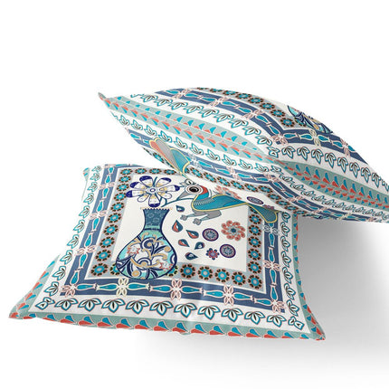 Set of Two Off White Blue And Gray Peacock Indoor Outdoor Throw Pillow