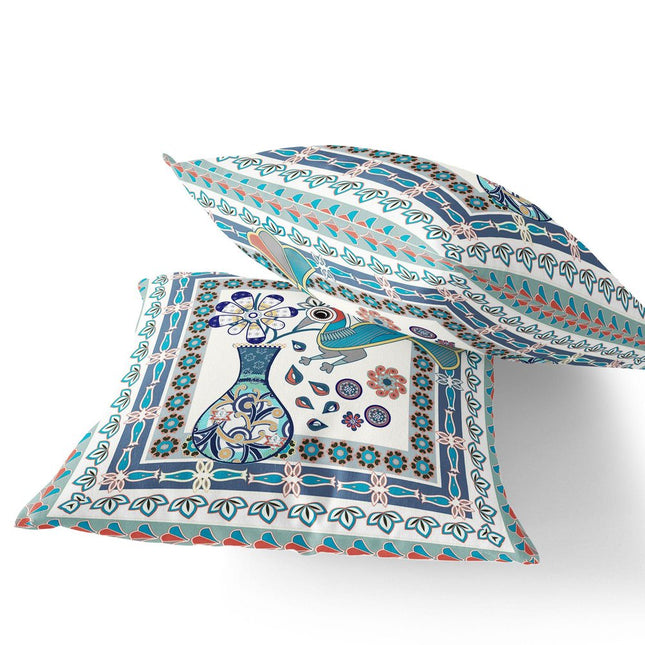 Set of Two Off White Blue And Gray Peacock Indoor Outdoor Throw Pillow