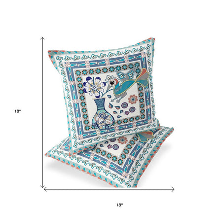 Set of Two Off White Blue And Gray Peacock Indoor Outdoor Throw Pillow