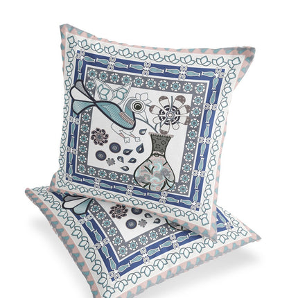Set of Two Pink Beige Gray And White Peacock Indoor Outdoor Throw Pillow HomeRoots