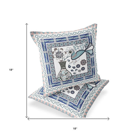 Set of Two Pink Beige Gray And White Peacock Indoor Outdoor Throw Pillow