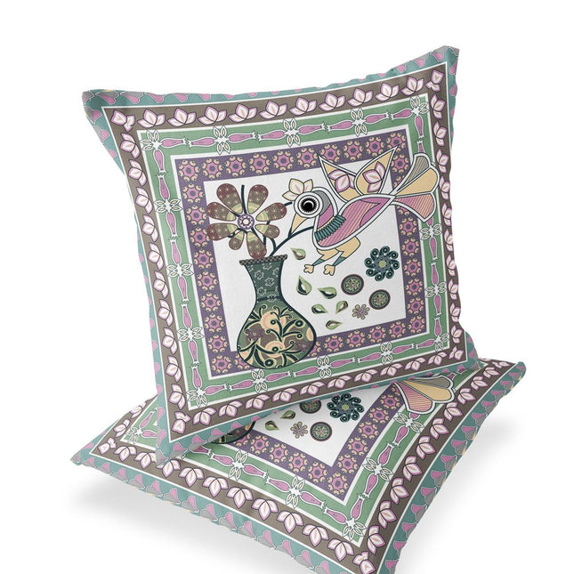 Set of Two Pink And Brown Peacock Indoor Outdoor Throw Pillow HomeRoots