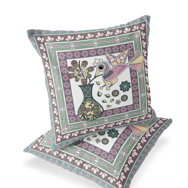 Set of Two Pink And Brown Peacock Indoor Outdoor Throw Pillow
