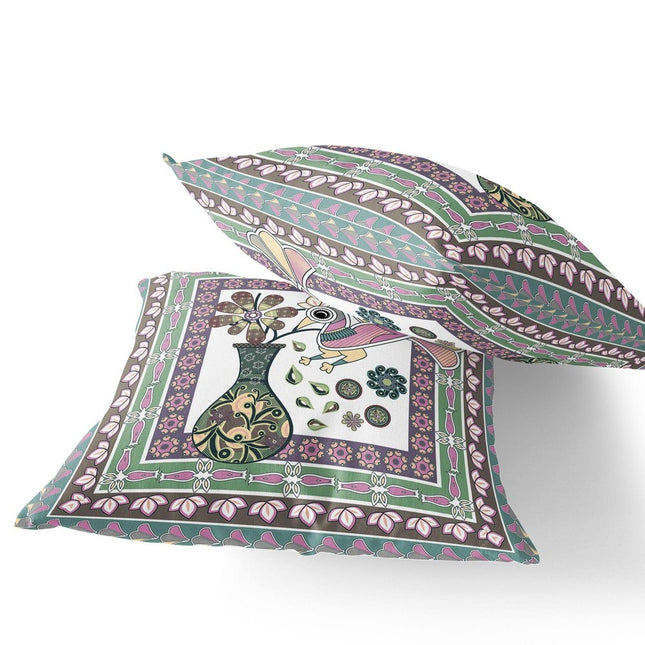 Set of Two Pink And Brown Peacock Indoor Outdoor Throw Pillow