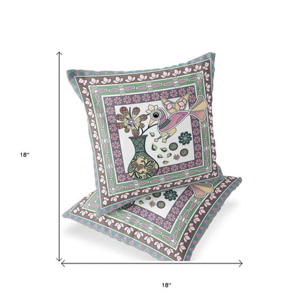 Set of Two Pink And Brown Peacock Indoor Outdoor Throw Pillow