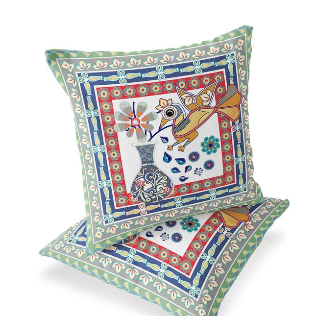 Set of Two Red White And Blue Peacock Indoor Outdoor Throw Pillow