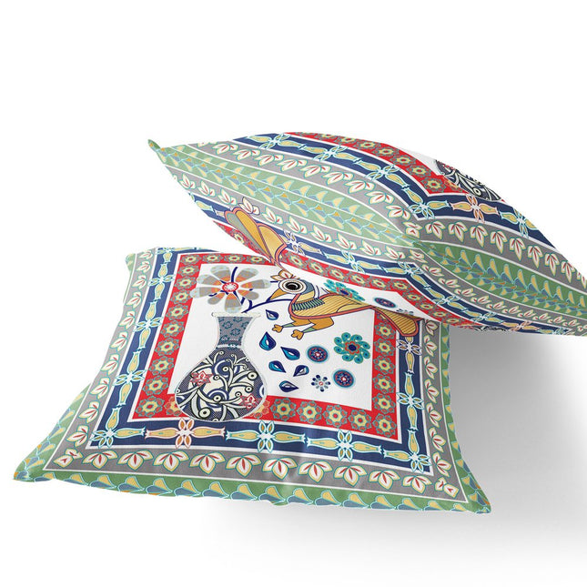 Set of Two Red White And Blue Peacock Indoor Outdoor Throw Pillow HomeRoots