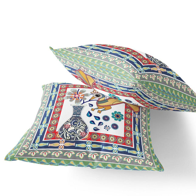 Set of Two Red White And Blue Peacock Indoor Outdoor Throw Pillow