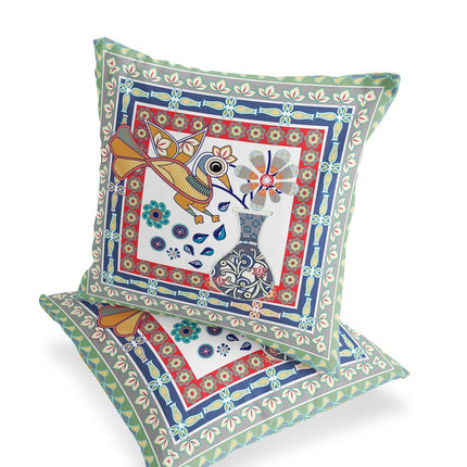 Set of Two Red White And Blue Peacock Indoor Outdoor Throw Pillow HomeRoots