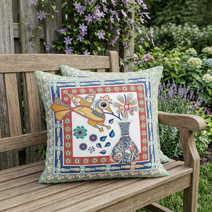 Set of Two Red White And Blue Peacock Indoor Outdoor Throw Pillow