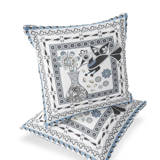 Set of Two White Black Gray And Blue Peacock Indoor Outdoor Throw Pillow