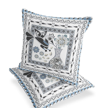 Set of Two White Black Gray And Blue Peacock Indoor Outdoor Throw Pillow