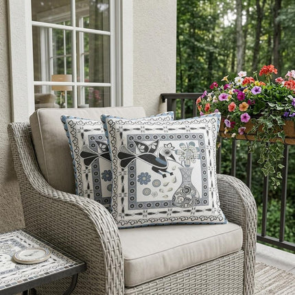 Set of Two White Black Gray And Blue Peacock Indoor Outdoor Throw Pillow