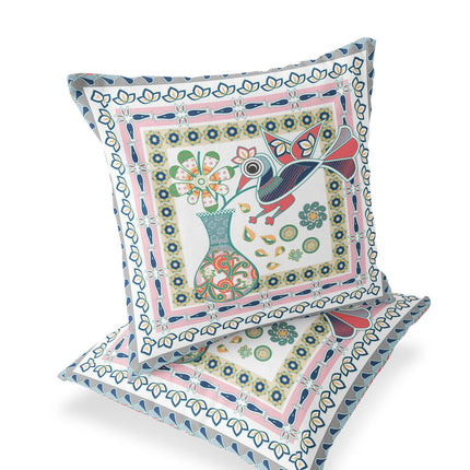 Set of Two White Pink And Gray Peacock Indoor Outdoor Throw Pillow HomeRoots
