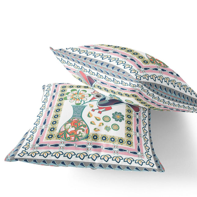 Set of Two White Pink And Gray Peacock Indoor Outdoor Throw Pillow