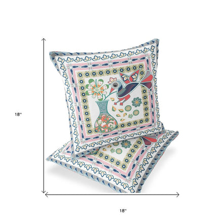 Set of Two White Pink And Gray Peacock Indoor Outdoor Throw Pillow HomeRoots