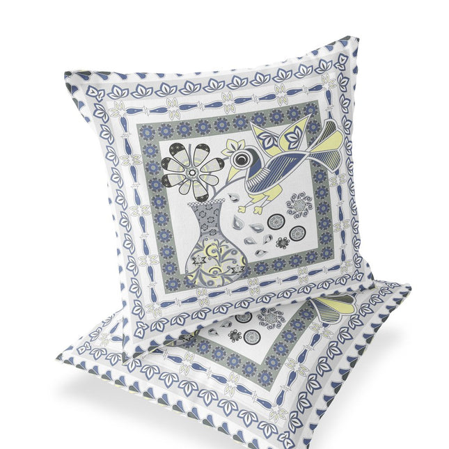 Set of Two White Yellow And Gray Peacock Indoor Outdoor Throw Pillow