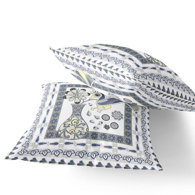 Set of Two White Yellow And Gray Peacock Indoor Outdoor Throw Pillow