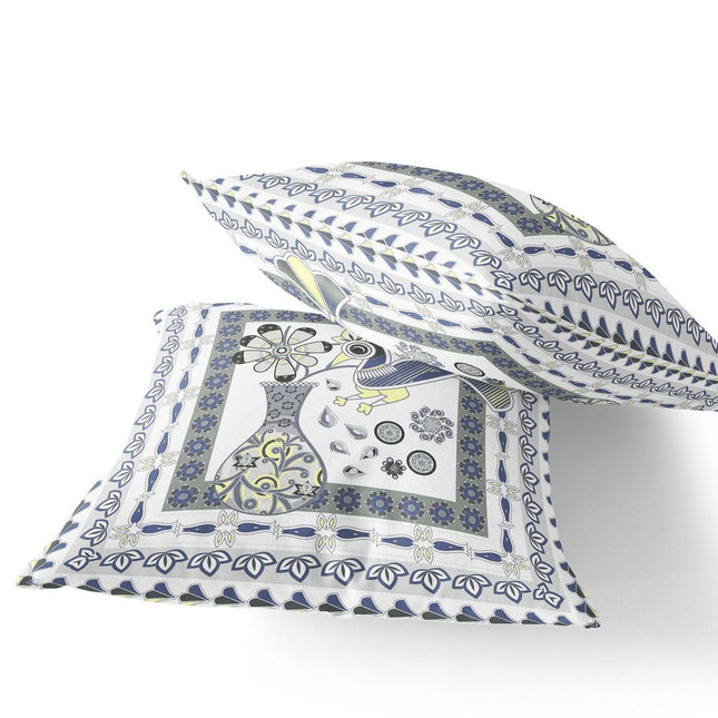 Set of Two White Yellow And Gray Peacock Indoor Outdoor Throw Pillow HomeRoots