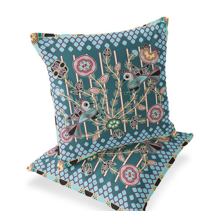 Set of Two Dark Green Aqua And Pink Peacock Indoor Outdoor Throw Pillow HomeRoots