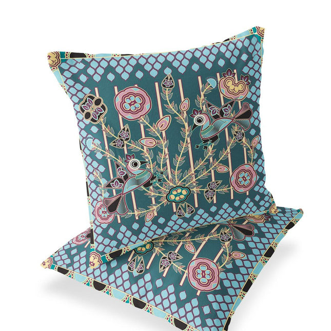 Set of Two Dark Green Aqua And Pink Peacock Indoor Outdoor Throw Pillow