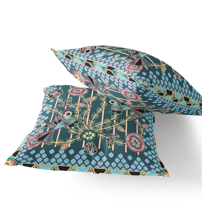 Set of Two Dark Green Aqua And Pink Peacock Indoor Outdoor Throw Pillow
