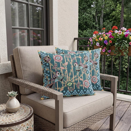 Set of Two Dark Green Aqua And Pink Peacock Indoor Outdoor Throw Pillow HomeRoots