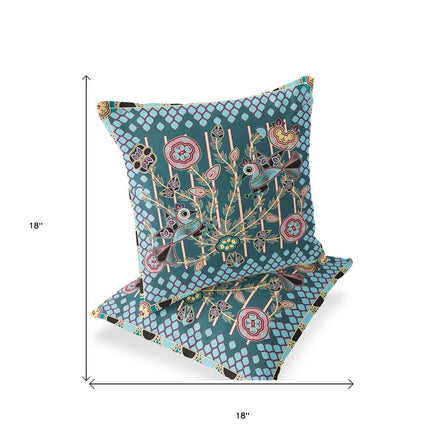 Set of Two Dark Green Aqua And Pink Peacock Indoor Outdoor Throw Pillow HomeRoots