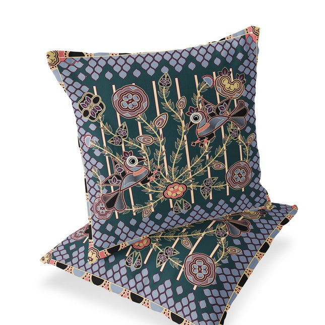 Set of Two Dark Green Blue Gray And Pink Peacock Indoor Outdoor Throw Pillow HomeRoots