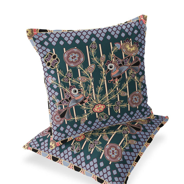 Set of Two Dark Green Blue Gray And Pink Peacock Indoor Outdoor Throw Pillow