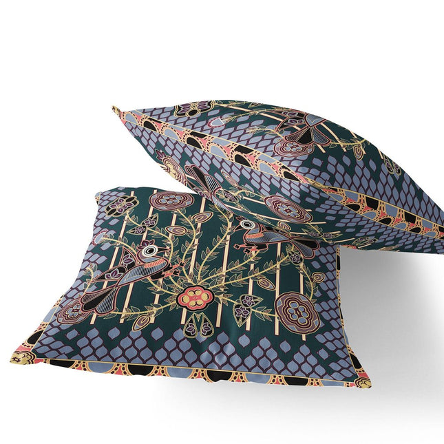 Set of Two Dark Green Blue Gray And Pink Peacock Indoor Outdoor Throw Pillow
