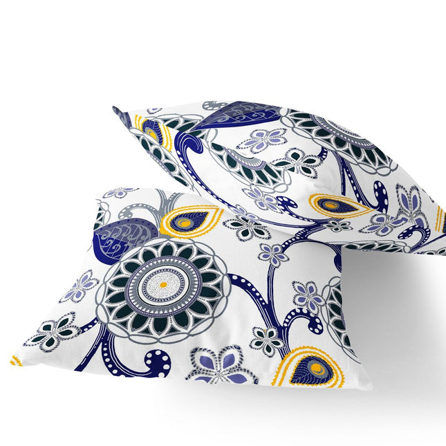 Set of Two Navy Blue Black Yellow Gray And White Floral Indoor Outdoor Throw Pillow