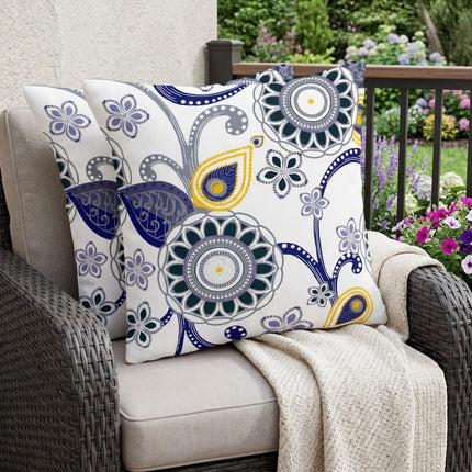 Set of Two Navy Blue Black Yellow Gray And White Floral Indoor Outdoor Throw Pillow HomeRoots