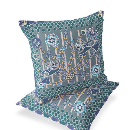 Set of Two Gray Blue And Light Blue Peacock Indoor Outdoor Throw Pillow