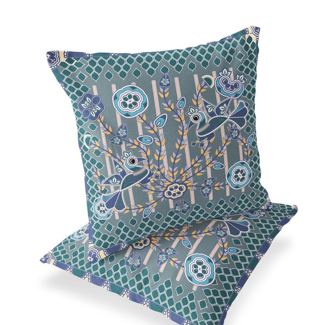 Set of Two Gray Blue And Light Blue Peacock Indoor Outdoor Throw Pillow