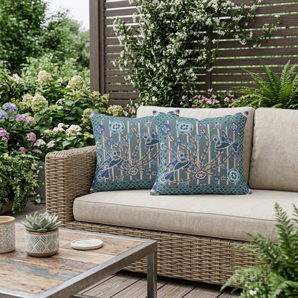 Set of Two Gray Blue And Light Blue Peacock Indoor Outdoor Throw Pillow