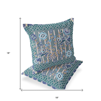 Set of Two Gray Blue And Light Blue Peacock Indoor Outdoor Throw Pillow