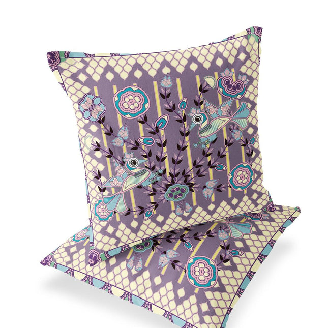 Set of Two Purple And Yellow Peacock Indoor Outdoor Throw Pillow