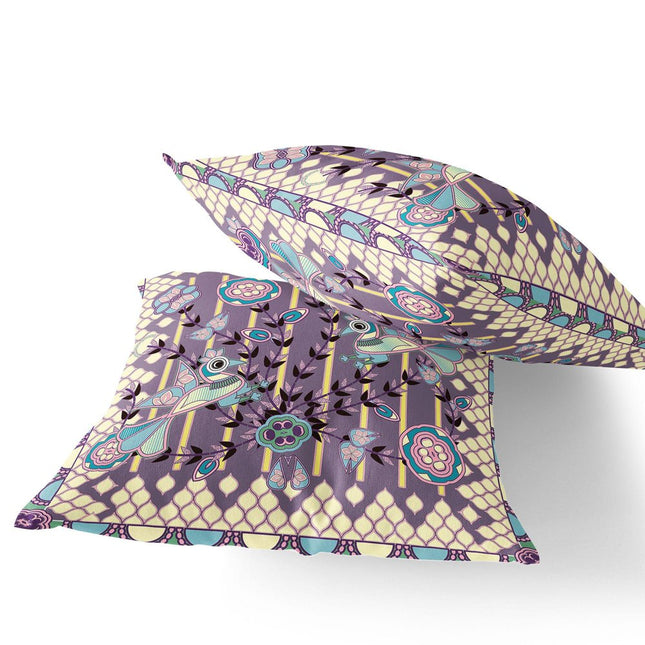Set of Two Purple And Yellow Peacock Indoor Outdoor Throw Pillow