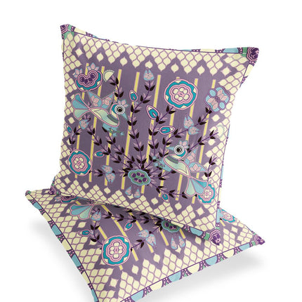 Set of Two Purple And Yellow Peacock Indoor Outdoor Throw Pillow HomeRoots