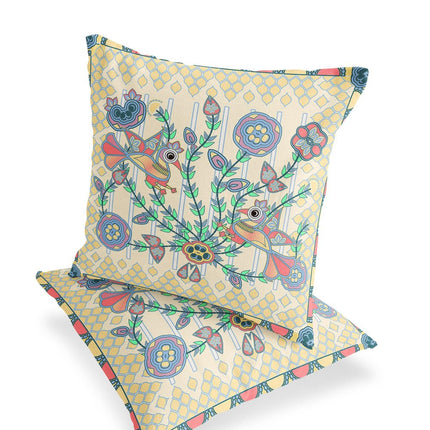 Set of Two Yellow Blue And Pink Peacock Indoor Outdoor Throw Pillow HomeRoots