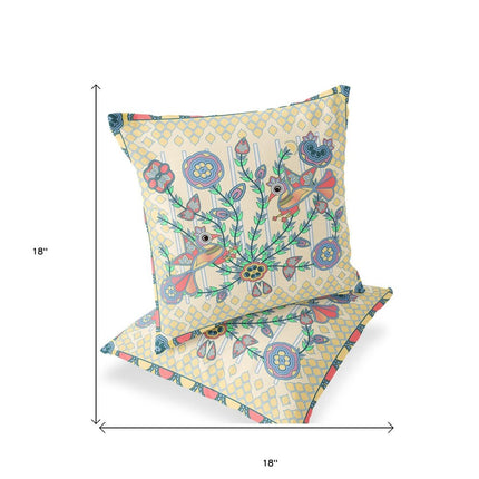 Set of Two Yellow Blue And Pink Peacock Indoor Outdoor Throw Pillow HomeRoots