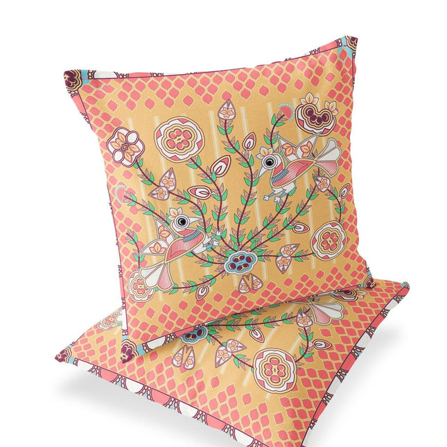 Set of Two Yellow Peach And White Peacock Indoor Outdoor Throw Pillow